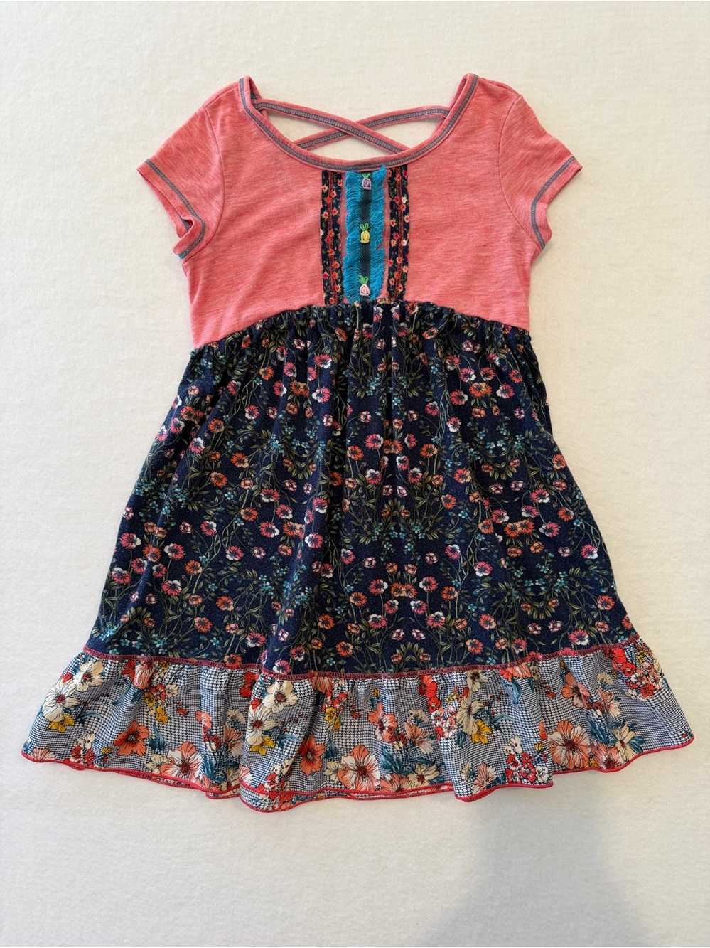 Girls Size 6 Pink Blue Floral Fit & Flare Short Sleeve Round Neck Dress